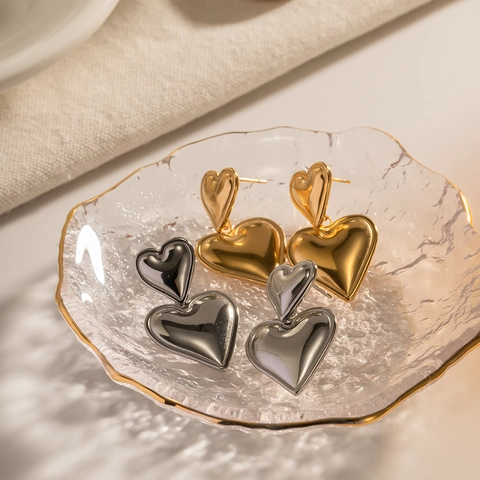 Double Heart Dangling Earrings Copper 18K Gold Plated High Polish Geometric Puffed Elegant Jewelry For Women