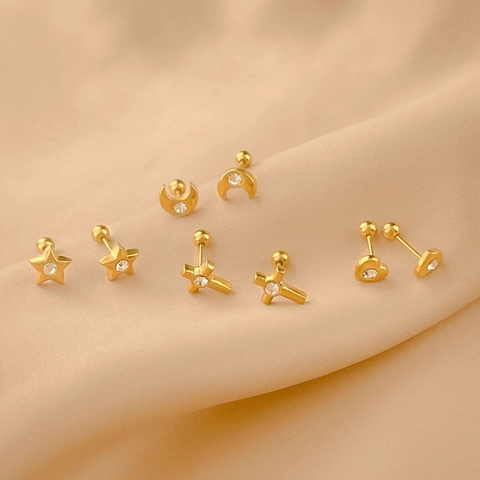 Titanium Steel Rhinestone Stud Earrings Heart Star Moon Cross Shape Screw Ball Back Gold Steel Small Piercing Jewelry