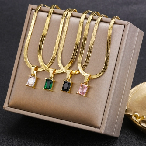 Set di Gioielli in Acciaio Inossidabile per Donna Placcato Oro Pendente in Strass Rettangolare Collana Bracciale Orecchini a Lobo Set