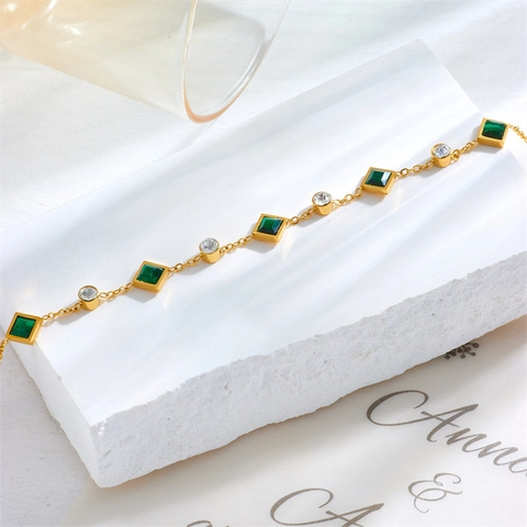 Conjunto De Joyería De Acero Inoxidable Para Mujer Chapado En Oro Piedra Verde Cuadrada Circonita Redonda Pulsera Collar