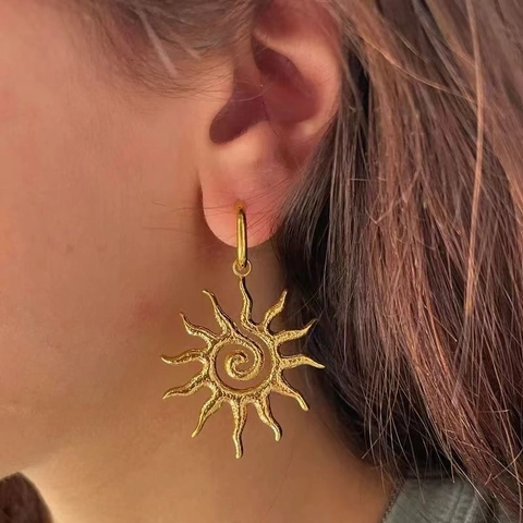 Retro Sun Drop Earrings For Women Stainless Steel Spiral Sunflower Hammered Texture Geometric Bohemian Jewelry