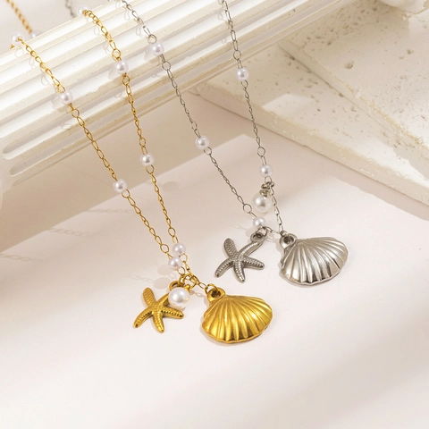 Set di Gioielli in Acciaio Inossidabile Stella Marina Conchiglia Perla Artificial Collana Bracciale Orecchini Donna Vacanza