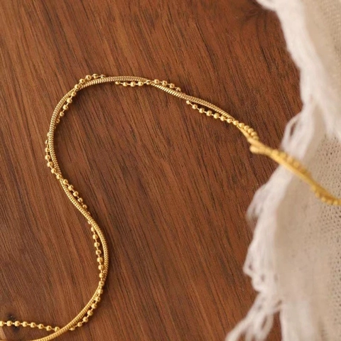 18K Gold Plated Stainless Steel Snake Chain Bead Twisted Layered Necklace Bracelet For Women French Style Clavicle Chain Jewelry