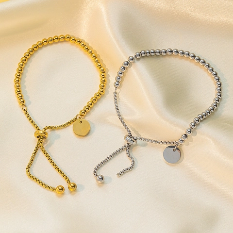 Minimalist Stainless Steel Beaded Bracelet With Blank Round Tag Adjustable Sliding Clasp Gold Silver Fashion Jewelry For Women