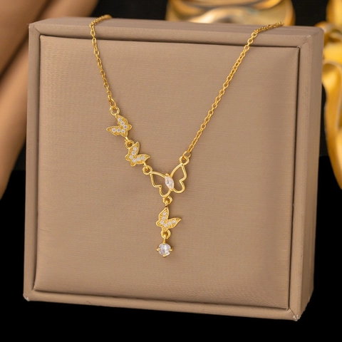 Titanium Steel Copper Butterfly Pendant Necklace For Women Rhinestone Tassel Clavicle Chain Sweet Forest Style Jewelry Gift