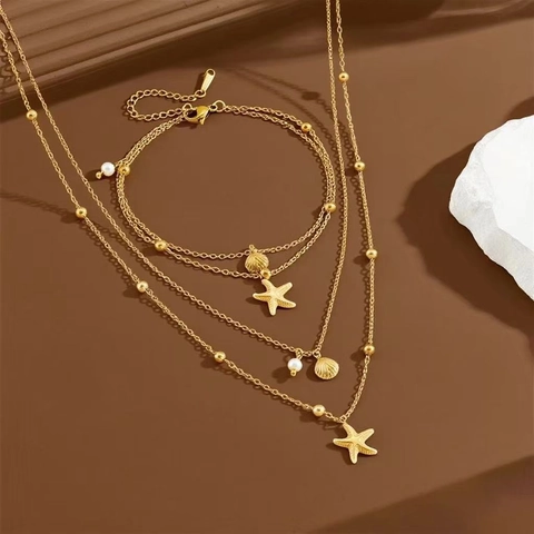 Set di Gioielli in Acciaio Inossidabile Oceano Stella Marina Conchiglia Perla Artificiale Collana Cavigliera Oro Spiaggia Donna