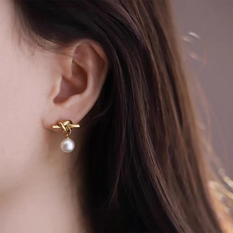Orecchini e Collana in Perla Artificial Barocca a Nodo Vintage Francese Gioielli in Acciaio al Titanio Inossidabile per Donna Placcati Oro Argento