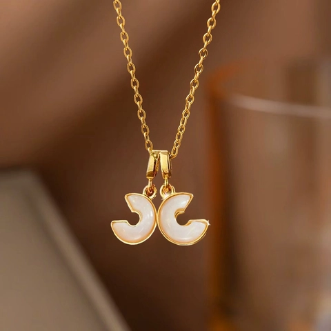 Edelstahl Perlmutt Strass Doppel C Anhänger Halskette Elegante Schlüsselbeinkette Schmuck Für Damen Gold Silber