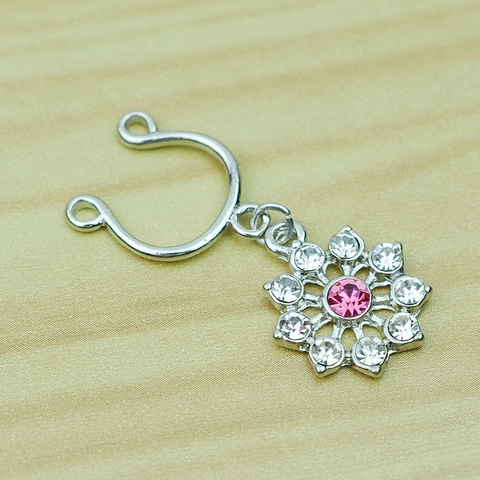 Non-Piercing Alloy 316 Stainless Steel Flower Nipple Ring With Pink Rhinestone U-Shaped Adjustable Body Jewelry For Women