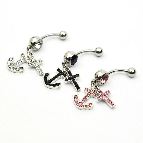 Surgical Steel Alloy Cross Anchor Belly Ring Rhinestone Inlaid Navel Piercing Jewelry For Women Religious Nautical Style
