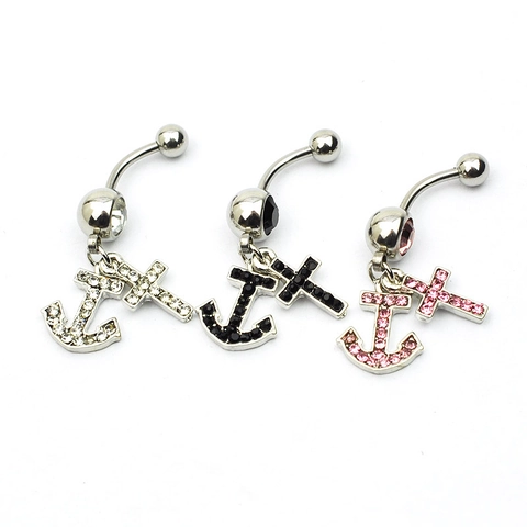Surgical Steel Alloy Cross Anchor Belly Ring Rhinestone Inlaid Navel Piercing Jewelry For Women Religious Nautical Style
