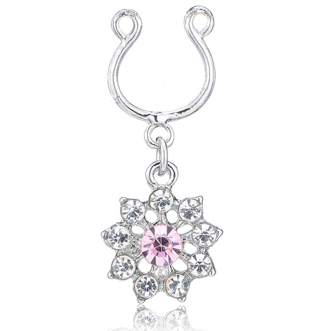 Non-Piercing Alloy 316 Stainless Steel Flower Nipple Ring With Pink Rhinestone U-Shaped Adjustable Body Jewelry For Women