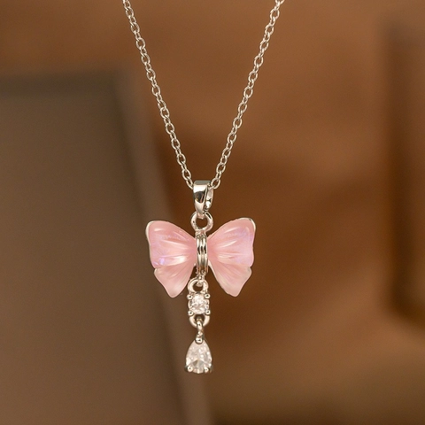 Sweet Pink Butterfly Tassel Pendant Necklace Titanium Steel Chain Zirconia Waterdrop Choker Women Elegant Jewelry Gift