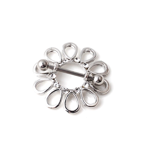 Stainless Steel Hollow Flower Sun Nipple Ring Shield Rhinestone Inlaid Surgical Steel Body Piercing Jewelry For Women Men