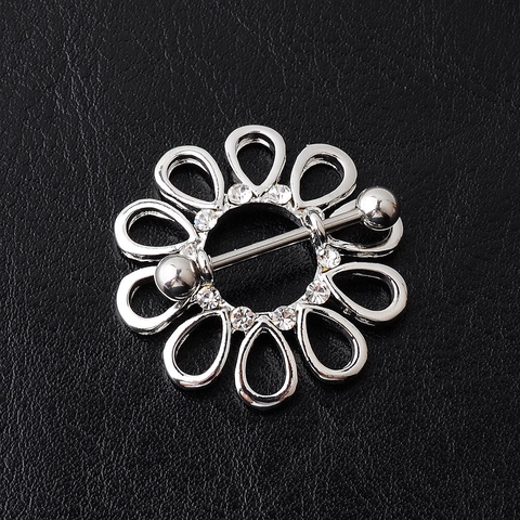 Stainless Steel Hollow Flower Sun Nipple Ring Shield Rhinestone Inlaid Surgical Steel Body Piercing Jewelry For Women Men