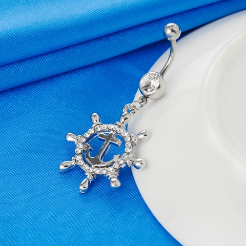 Nautical Anchor Helm Belly Ring For Women Alloy Rhinestone Inlaid Piercing Body Jewelry Exquisite Sailor Style Navel Stud Jewelry