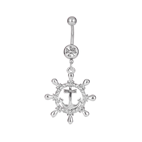 Nautical Anchor Helm Belly Ring For Women Alloy Rhinestone Inlaid Piercing Body Jewelry Exquisite Sailor Style Navel Stud Jewelry