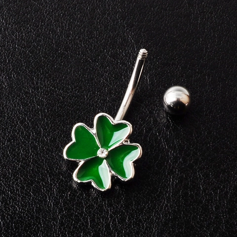 316 Edelstahl Vierblättriges Kleeblatt Bauchnabelpiercing Grün Emaille Zirkonia Gebogene Barbell Körperschmuck Für Damen