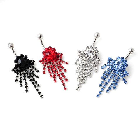 316 Stainless Steel Flower Tassel Belly Button Ring Sparkling Rhinestone Inlaid Piercing Jewelry For Women Belly Dance Accessory