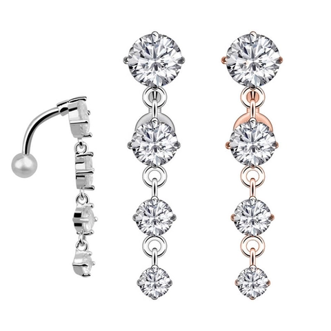 316L Stainless Steel Dangle Belly Button Ring Vertical Rhinestone Curved Barbell Body Piercing Jewelry For Women Rose Gold