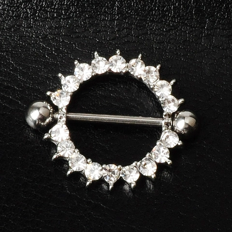 Stainless Steel Alloy Rhinestone Round Nipple Ring Geometric Body Piercing Jewelry For Unisex Inlaid Crystal Nipple Stud