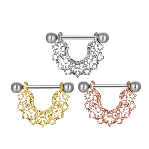 Stainless Steel Nipple Ring Alloy Hollow Out Flower Mandala Body Piercing Jewelry For Women Gold Rose Gold Silver Barbell