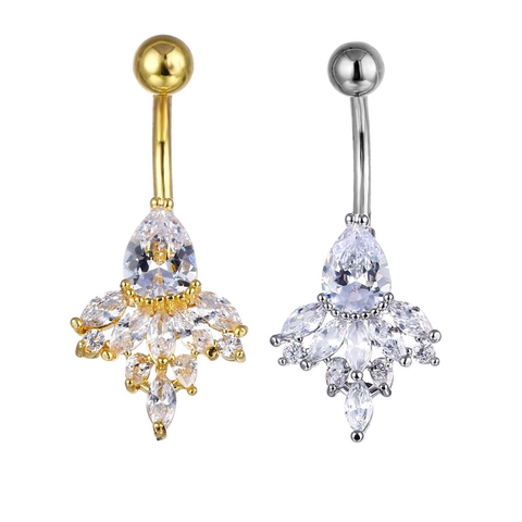 Trendy Copper Flower Zirconia Belly Ring With 316 Stainless Steel Bar Navel Piercing Jewelry For Women Gold Silver