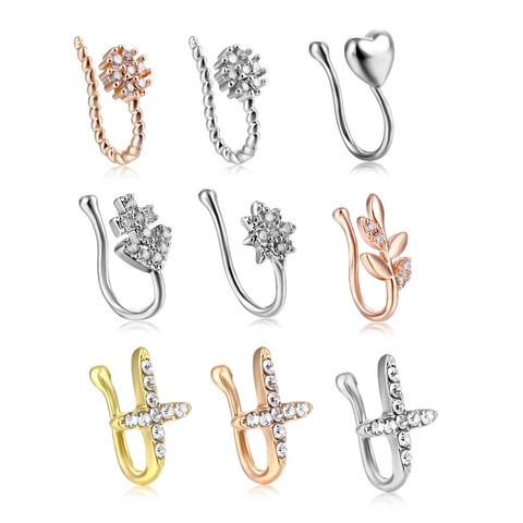 Copper Zirconia Fake Nose Ring Heart Star Anchor Non Piercing U Shape Clip On Nose Hoop Body Jewelry Gift For Women