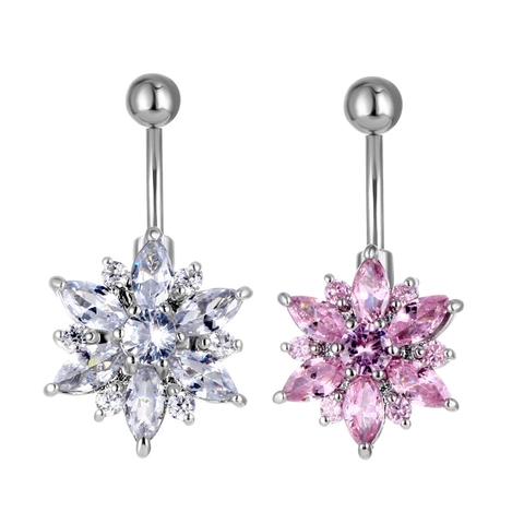 Fashion Copper Zirconia Flower Belly Ring 316 Stainless Steel Curved Bar Floral Navel Piercing Jewelry For Women Daily Beach