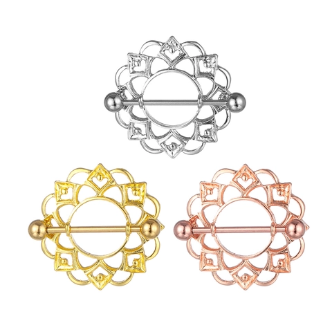 Hollow Mandala Flower Nipple Rings Stainless Steel Alloy Nipple Shield Piercing Jewelry For Women Fashion Body Accessory