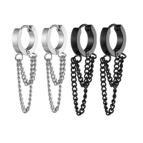 Hip Hop Stainless Steel Double Chain Dangle Huggie Hoop Earrings For Men Punk Street Rock Jewelry Cool Male Ear Studs