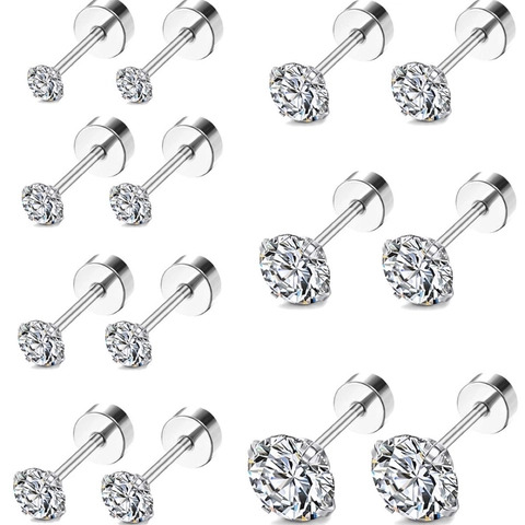 Boucles d'oreilles Clous en Acier Inoxydable Strass Rond Quatre Griffes Fermoir à Vis Bijoux de Piercing pour Femmes Hommes