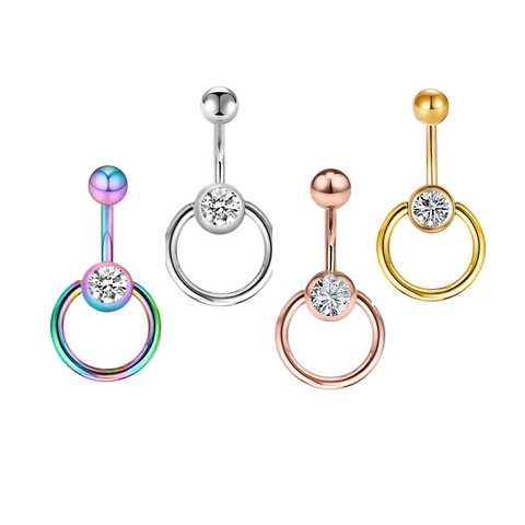 Stainless Steel Belly Button Ring Circle Dangle Zirconia Inlaid Navel Piercing Jewelry Fashion Body Jewelry For Women