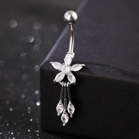 Elegant Zirconia Copper Heart Flower Belly Ring With 316 Stainless Steel Post Navel Piercing Jewelry For Women Accessory