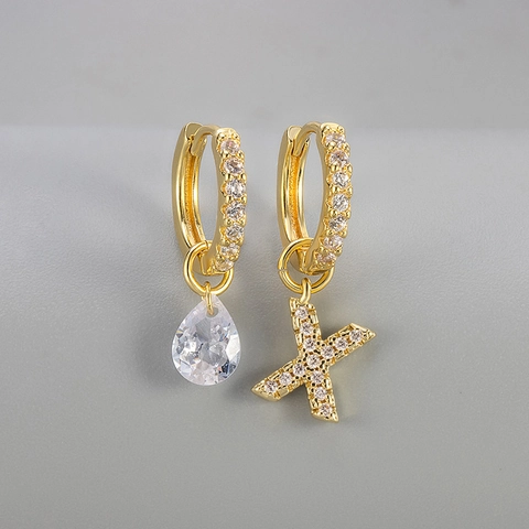 Copper Asymmetric Letter Water Drop Huggie Earrings Micro Pave Rhinestone Alphabet A-Z Initial Hoop Earrings For Women Fashion Jewelry
