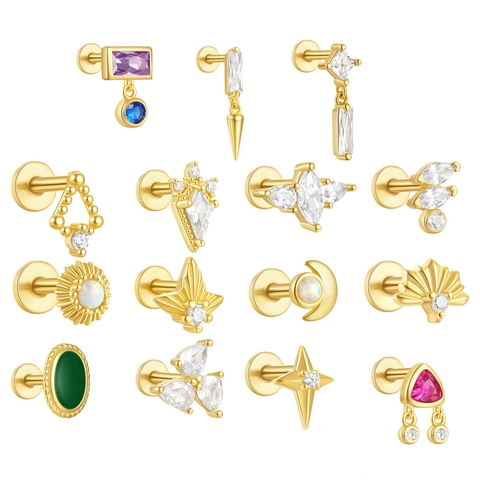Flat Back Screw On Stud Earrings Copper Gold Plated Zirconia Opal Geometric Cartilage Piercing Jewelry For Women