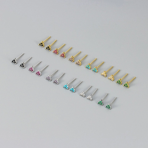 Minimalist Geometric Triangle Clover Stud Earrings For Women Colorful Zircon Inlaid Copper Ear Jewelry Gold Silver Plated