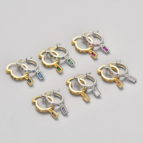 Rectangular Zirconia Hoop Earrings Copper Gold Platinum Plated Star Carved Colorful Crystal Dangle Earrings Women Jewelry