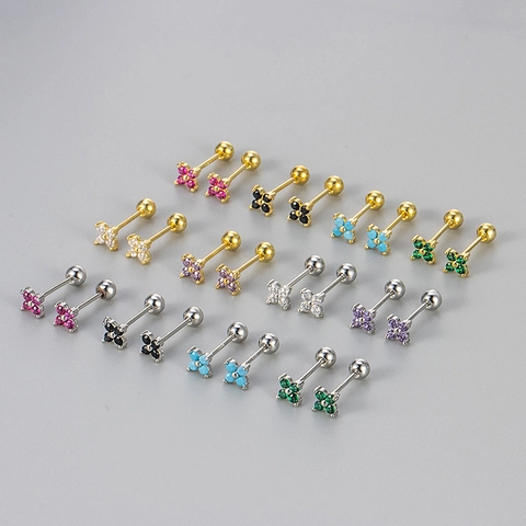 Elegant Copper Flower Stud Earrings For Women Rhinestone Four-Leaf Clover Screw Back Earrings Fashion Jewelry Gift
