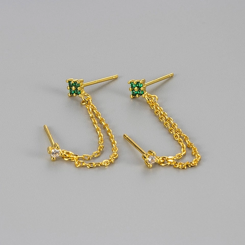 Double Piercing Chain Earrings With 925 Sterling Silver Earring Post Zirconia Rhombus Geometric Copper Drop Earrings For Women