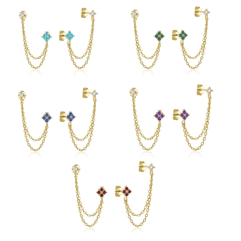 Double Piercing Chain Earrings With 925 Sterling Silver Earring Post Zirconia Rhombus Geometric Copper Drop Earrings For Women