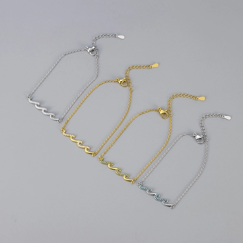 Wave Design Bracelet For Women Inlaid With Zircon Shiny Stainless Steel Minimalist Ocean Style Jewelry Accessory