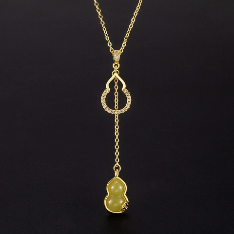 Nuova Collana con Ciondolo a Zucca in Stile Cinese Catena della Clavicola in Rame Galvanizzato con Strass Gioielli in Giada Artificiale per Donna