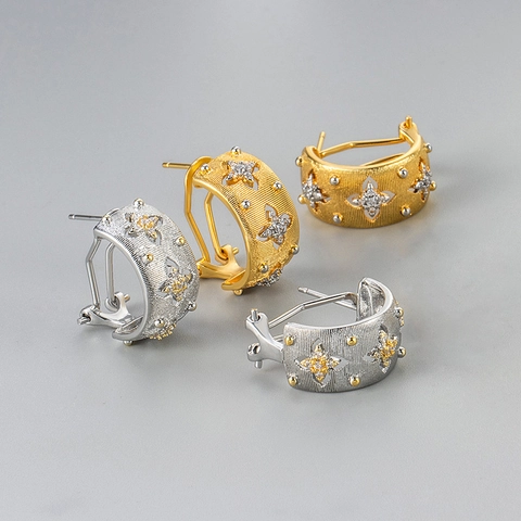 Orecchini a Cerchio in Rame a Trifoglio Traforato Stile Vintage Francese Con Strass Gioielli alla Moda Donna