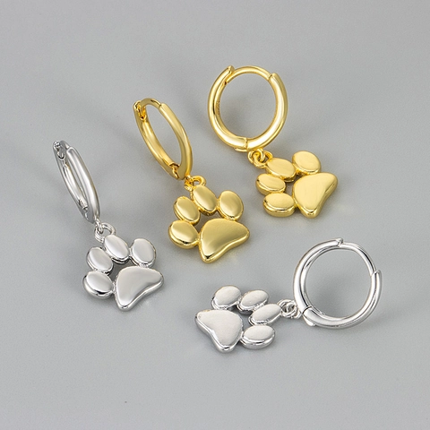 Cute Cat Paw Print Dangle Hoop Earrings Copper Gold Silver Plated Small Animal Paw Ear Buckle For Women Girls Daily Jewelry