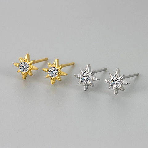 French Vintage Eight Pointed Star Stud Earrings For Women Copper Zirconia North Star Gold Silver Small Dainty Ear Jewelry