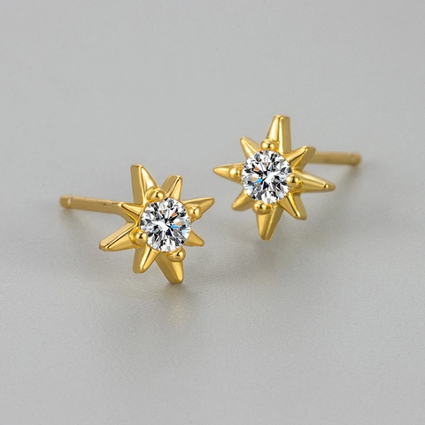 French Vintage Eight Pointed Star Stud Earrings For Women Copper Zirconia North Star Gold Silver Small Dainty Ear Jewelry