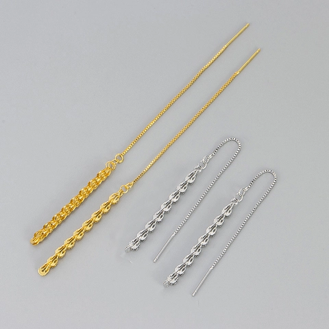 Women's Fashion Copper Wheat Ear Long Tassel Ear Thread Earrings Gold Silver Plated Box Chain Leaf Drop Earrings Fashion Jewelry