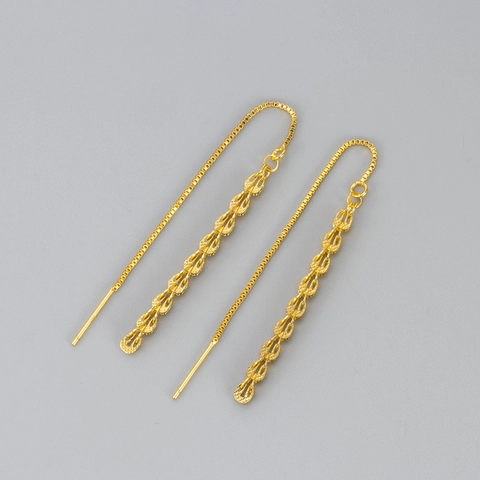 Women's Fashion Copper Wheat Ear Long Tassel Ear Thread Earrings Gold Silver Plated Box Chain Leaf Drop Earrings Fashion Jewelry