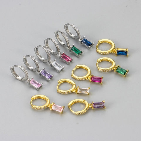 Geometrische Rechthoekige Strass Huggie Hoop Oorbellen Koper Goud Zilver Verguld Gekleurde Steen Hanger Oorbellen Voor Dames Sieraden